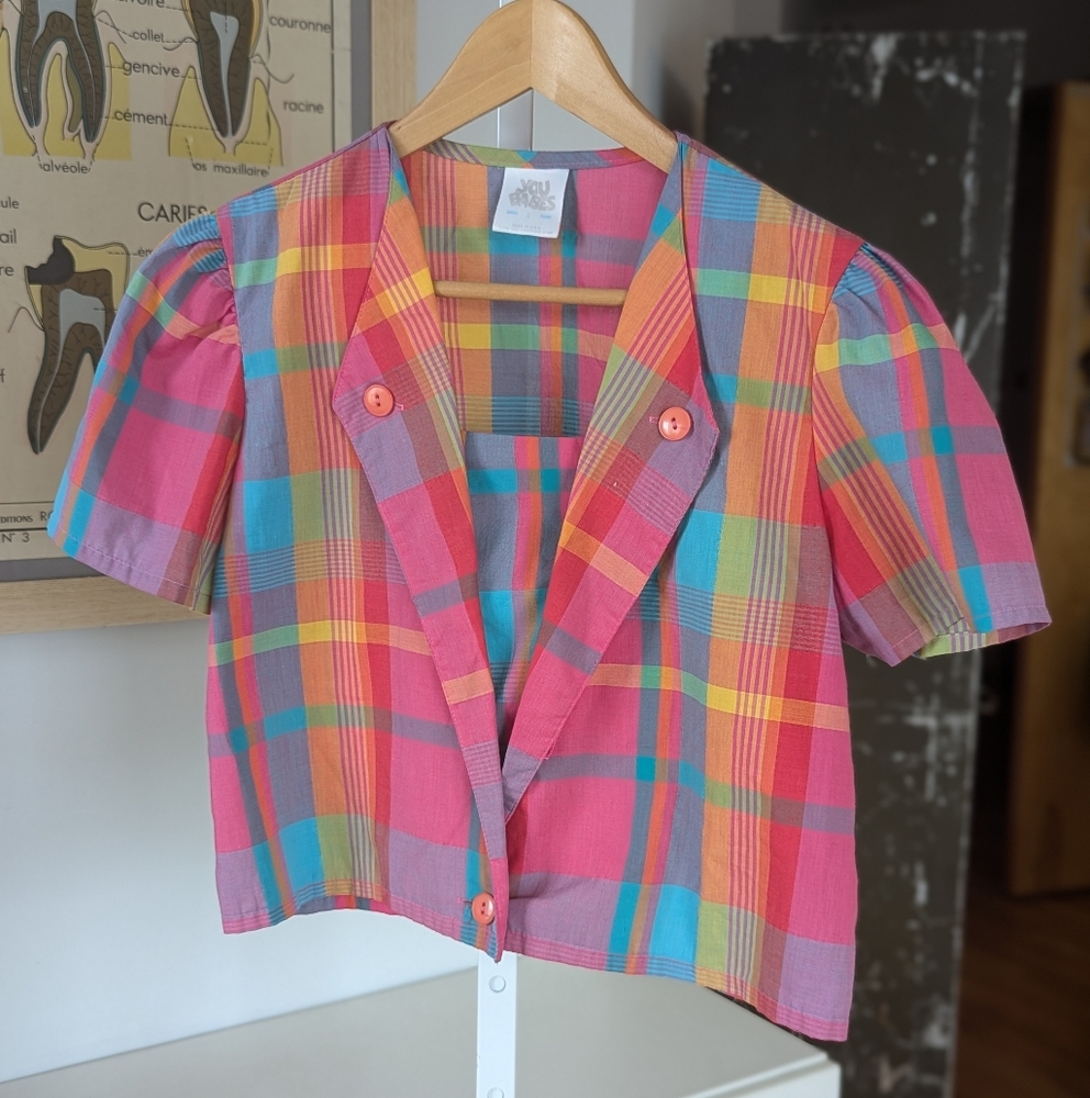 Colorful Plaid Short-Sleeve Cropped Blouse - Multicolor by